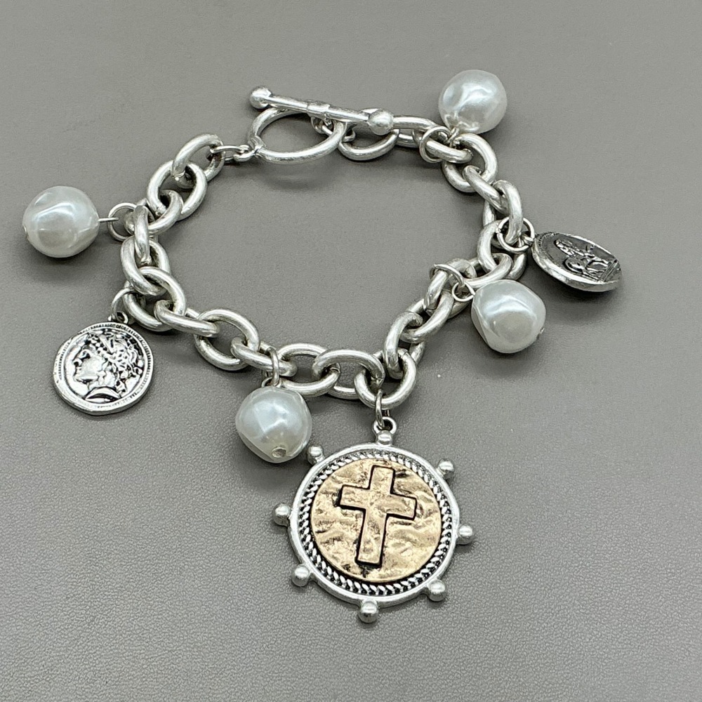 Charm Bracelet Women Silver Tone Faux Pearl Coin Cross Religious Toggle Clasp